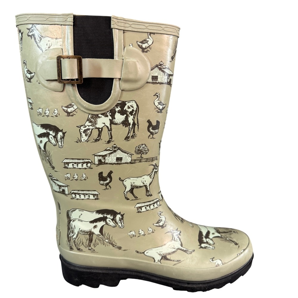 Blue Mountain Farm Animal Print Rain Boots Sage Green Cow Horse BM2301 Size 8